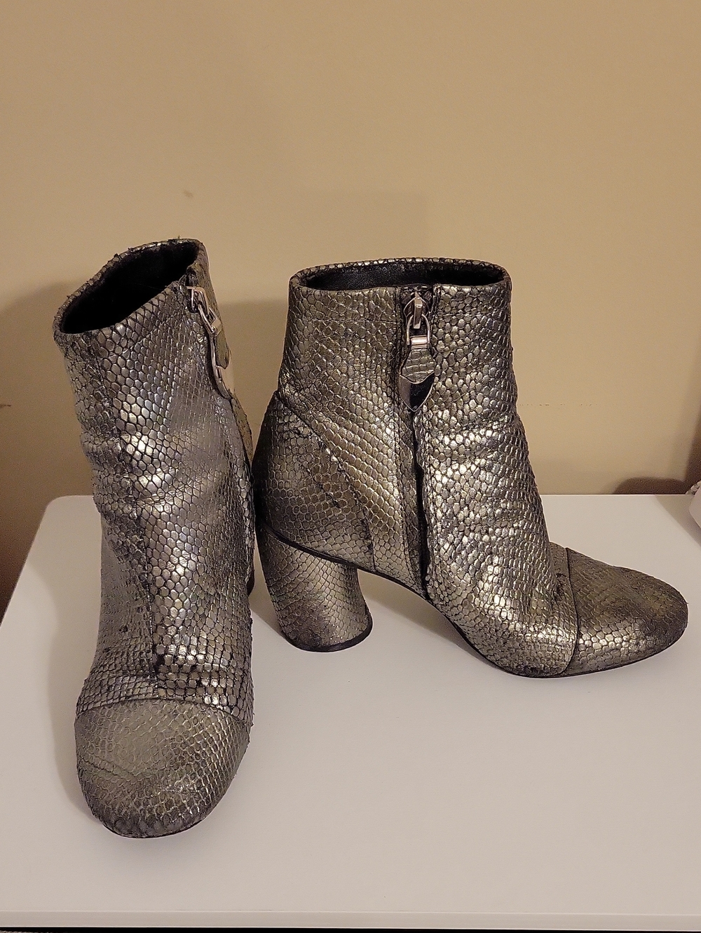 Metallic Silver Snakeskin Ankle Boots